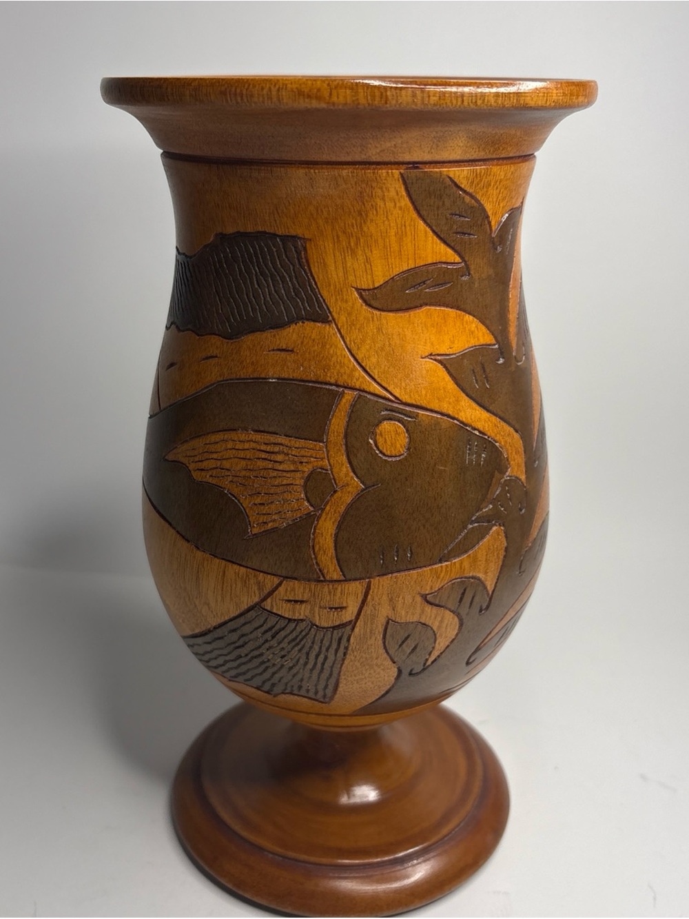 Vintage Wood Carved footed Vase mid-century Caribbean Haitian folk art 1950s-70s
